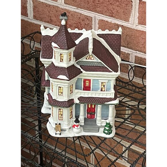 Christmas Village House  Lighted Ceramic Porcelain Blue Victorian Snow - Picture 11 of 16